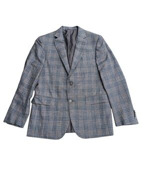 Pal Zileri Grey/Blue Plaid Wool/Silk/Linen 2 Button Vented Blazer Jacket (40R)
